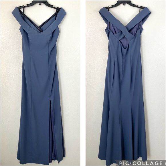 Dessy Collection 3012 Off The Shoulder Crossback Gown Silverstone 4 - Picture 2 of 10